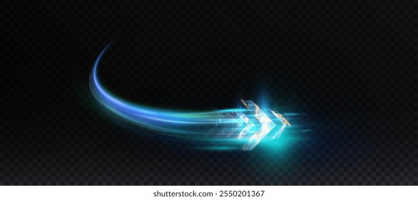 Blue light energy flow. Light arrow of direction of movement. Vector on transparent background for design and illustrations of game interfaces and advertising.