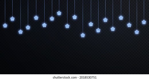 Blue light festive garland with neon dust bokeh overlay on transparent background. Design element for Christmas, New Year, cards, 2022 invitations.