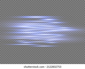 Blue light flare effect dividers set. Blurred light trails. Flying magic blue dust. Abstract laser beams. Glowing streaks or line on transparent background. Horizontal lens flares pack. Vector.