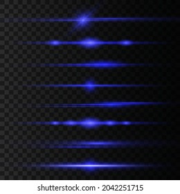 Blue light flare effect horizontal dividers set. Laser beams, light rays. Blue flash on a black background. Flying magic blue dust. Blue horizontal lens flares pack. Vector illustration.