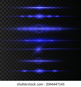 Blue light flare effect horizontal dividers set. Laser beams, light rays. Blue flash on a black background. Flying magic blue dust. Blue horizontal lens flares pack. Vector illustration.
