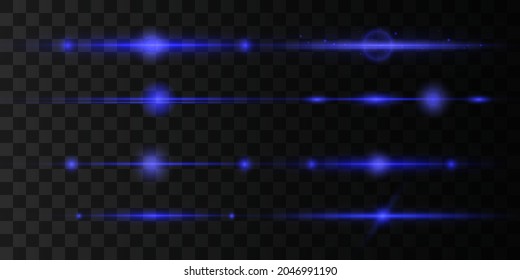 Blue light flare effect horizontal dividers set. Laser beams, light rays. Blue flash on a black background. Flying magic blue dust. Blue horizontal lens flares pack. Vector illustration.