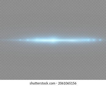 Blue light flare effect horizontal dividers set. Laser beams, horizontal light rays. Glowing streaks blue lens flares pack isolated on transparent background. Vector illustration.