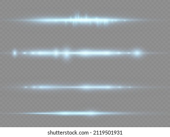Efecto de la bengala de luz azul efecto divisores horizontales establecidos. Vigas láser, rayos de luz horizontales. Las ramas brillantes de las bengalas de lentes azules empacan aisladas en un fondo transparente. Ilustración vectorial.