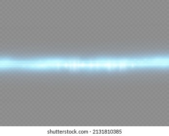 Blue light flare effect horizontal dividers set. Glowing streaks blue lens flares pack isolated on transparent background. Laser beams, horizontal light rays. Vector illustration.