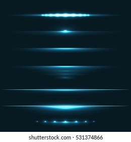 Blue light flare effect horizontal dividers vector set. Holiday party horizontal design elements.