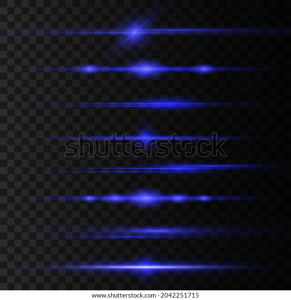 Blue light flare effect horizontal dividers\
set. Laser beams, light rays. Blue flash on a black background.\
Flying magic blue dust. Blue horizontal lens flares pack. Vector\
illustration.