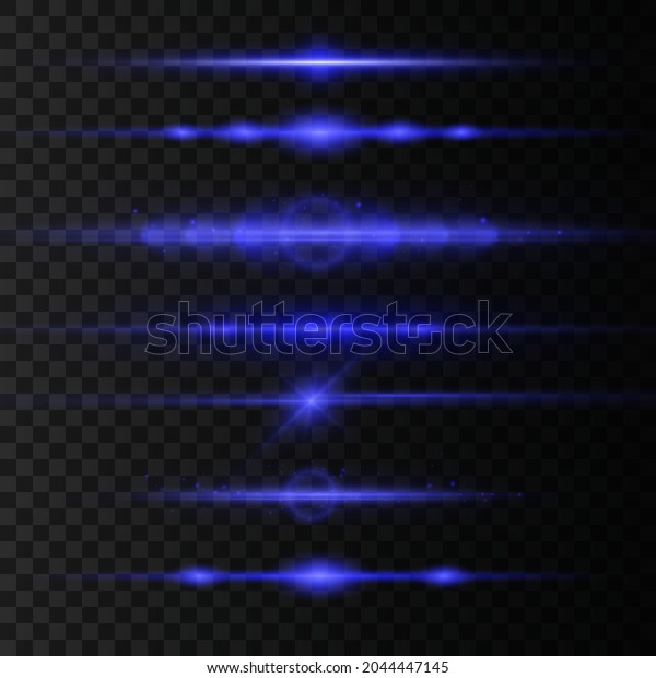 Blue light flare effect horizontal dividers\
set. Laser beams, light rays. Blue flash on a black background.\
Flying magic blue dust. Blue horizontal lens flares pack. Vector\
illustration.