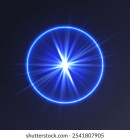 Blue light flare, glowing shiny sparkle, lens flare effect, bright glimmering glare. Vector illustration.