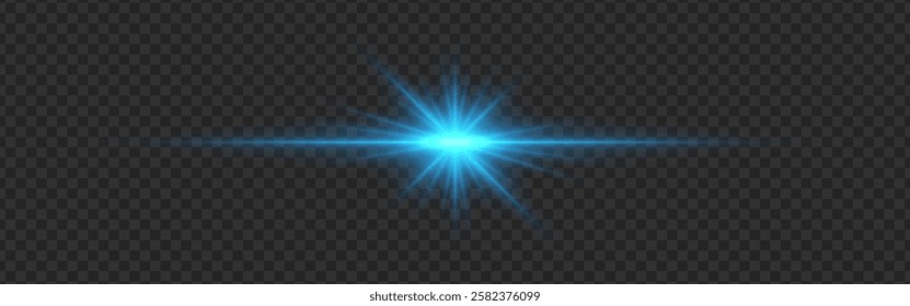 Blue light flare with a radiant glow and lens reflections on a transparent dark background. A luminous burst with sharp beams and a horizontal streak creates a futuristic illumination effect