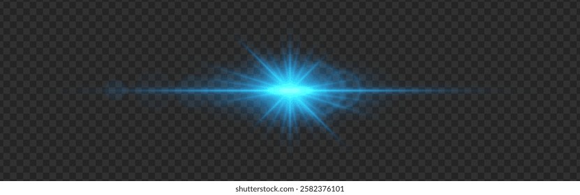 Blue light flare with a radiant glow and lens reflections on a transparent dark background. A luminous burst with sharp beams and a horizontal streak creates a futuristic illumination effect