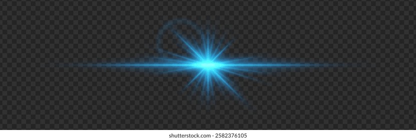 Blue light flare with a radiant glow and lens reflections on a transparent dark background. A luminous burst with sharp beams and a horizontal streak creates a futuristic illumination effect