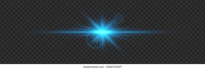 Blue light flare with a radiant glow and lens reflections on a transparent dark background. A luminous burst with sharp beams and a horizontal streak creates a futuristic illumination effect