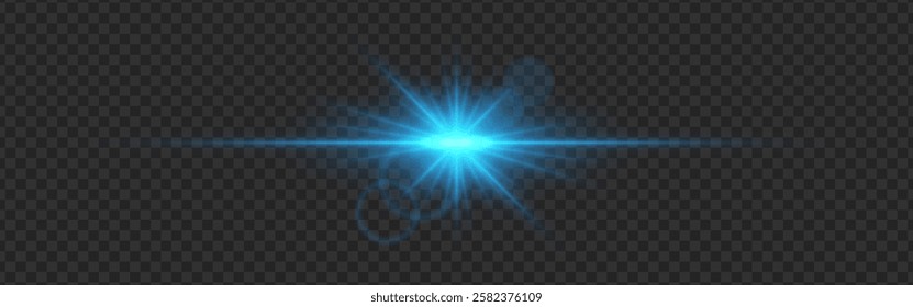 Blue light flare with a radiant glow and lens reflections on a transparent dark background. A luminous burst with sharp beams and a horizontal streak creates a futuristic illumination effect