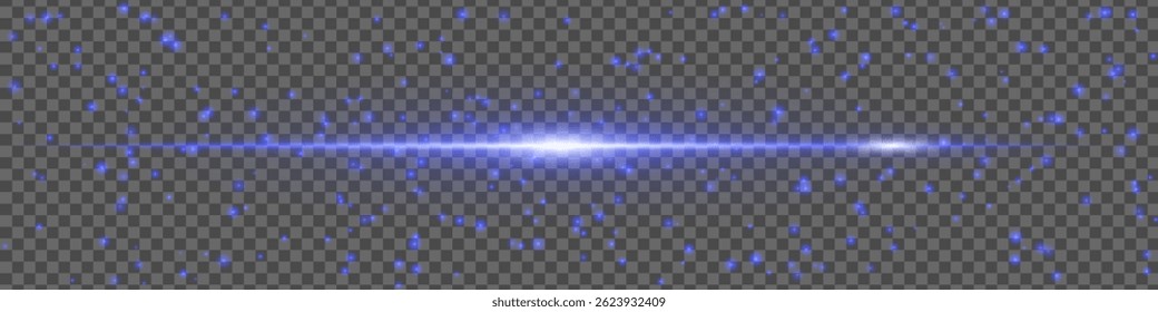 Blue light flare with sparkling particles and motion glow on transparent background. Horizontal energy beam for design and VFX.