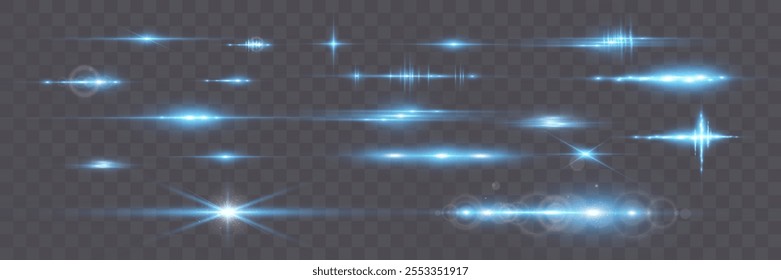 Blue light flash effects and horizontal dividers vector set. Festive party horizontal design elements for decoration and overlays.