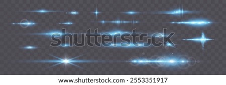 Blue light flash effects and horizontal dividers vector set. Festive party horizontal design elements for decoration and overlays.