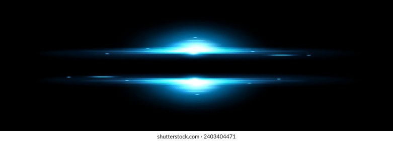 Blue light flash lines isolated on black background. Vector realistic illustration of horizontal energy blast strip, space explosion glare effect, bright shine on horizon, magic power burst fading