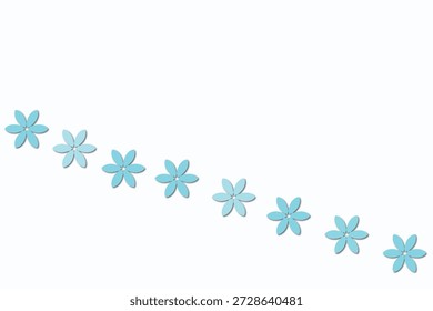 Flores azules y celestes con sombra sobre fondo blanco. Espacio para texto. Vector.