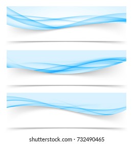 Blue light futuristic smooth mild swoosh line header footer collection. Liquid soft transparent smooth graphic wave pattern over white empty background. Vector illustration