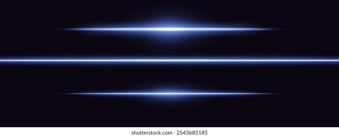 Feixe de luz azul. Reflexão horizontal aguda do feixe. Projetos de ficção científica, transições de luz ou efeitos futuristas. Estrias de luz brilhantes e efeitos de néon. Fundo de papel de parede brilho dinâmico