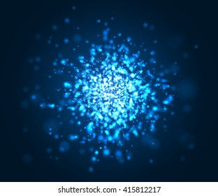 Luz azul brillante. Brillos cósmicos y efectos de iluminación con partículas en movimiento, chispas y bokeh. Ilustración de vectores para su diseño