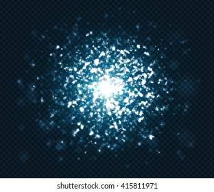 La luz azul brilla sobre fondo transparente oscuro. Brillos cósmicos y efectos de iluminación con partículas, chispas, explosión y flash. Ilustración de vector abstracto para su diseño