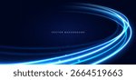Blue light glowing  curved rays on dark background. Futuristic speed line, techology wireless data communication concept. Vector illustration