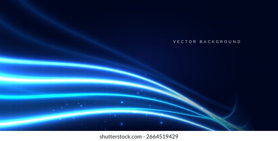 Blue light glowing  curved rays on dark background. Futuristic speed line, techology wireless data communication concept. Vector illustration