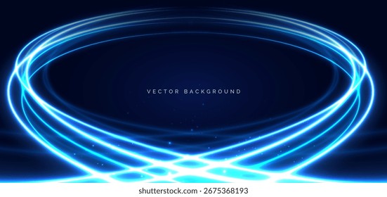 Rayos curvos brillantes de la luz azul sobre fondo oscuro. Tecnología de línea de velocidad futurista, concepto de comunicación de datos inalámbricos. Ilustración vectorial