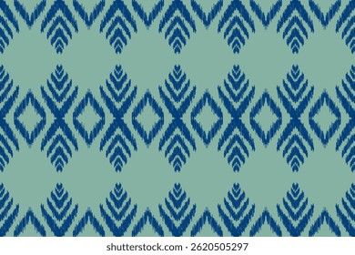 Blue and light green ikat pattern. Features stylized geometric shapes in a repeating horizontal arrangement, creating a textured, woven textile appearance.