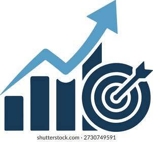 A blue and light blue icon showing a bar chart with a target and arrow, symbolizing business growth and goals on isolated on white background