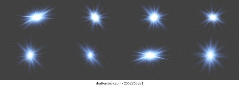 Luz azul, efeitos de iluminação. Conjunto de estrelas de luz brilhantes. Lentes isoladas abstratas com brilho.