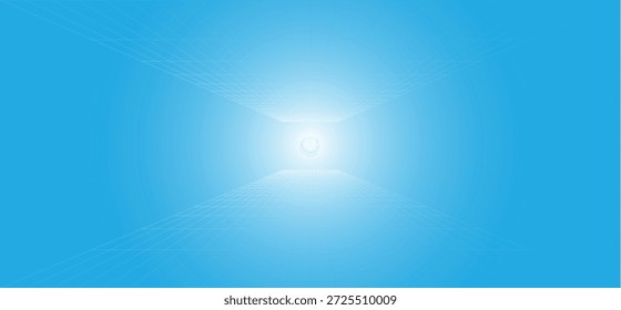Rejilla de línea de luz azul debajo de un punto perspectiva central fondo oscuro retro. Superficie oscura Abstractas con Ilustración vectorial de efecto de luz. 