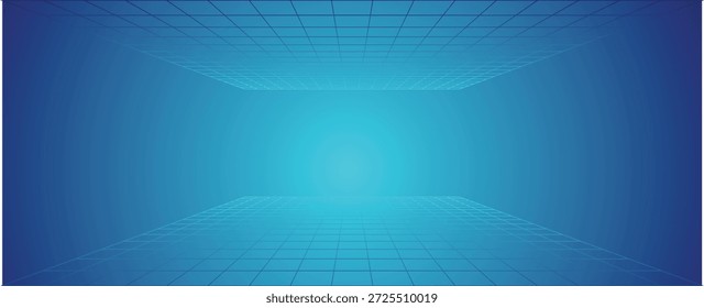 Rejilla de línea de luz azul debajo de un punto perspectiva central fondo oscuro retro. Superficie oscura Abstractas con Ilustración vectorial de efecto de luz. 