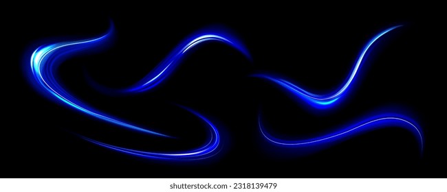 Blue light lines, effect of speed motion trails. Abstract streaks of fast flash movement, blurred neon glow at night, vector realistic set isolated on transparent background
