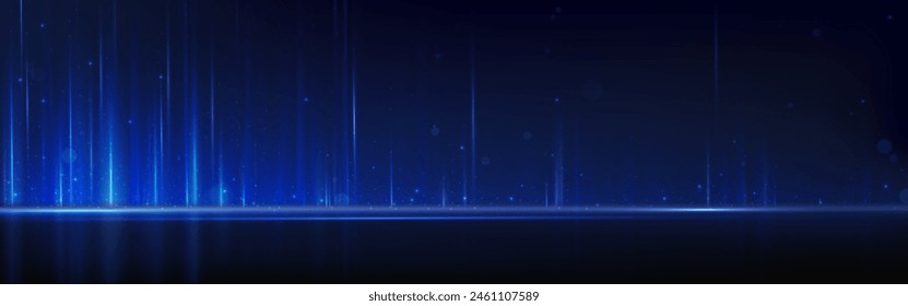 Blue light lines and sparkles on black background. Vector realistic illustration of vertical neon rays shimmering in darkness, magic winter flare effect, nightclub party decoration, concert backdrop