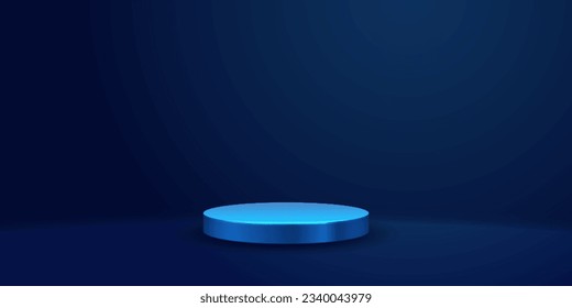 Podio circular metálico de luz azul sobre fondo oscuro mínimo. Plataforma digital para la presentación de productos. Firma de publicidad de tecnología y dispositivos dentro de una habitación vacía. Círculo peatón futurista.