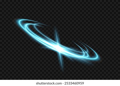 Blue light neon glow swirl background. Blue light glowing circle line of neon effect. Shiny spiral spin ring with flare and flash. Vector illustration of glitter sparkle swirl trail effect on black.