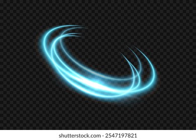 Blue light neon glow swirl background. Blue light glowing circle line of neon effect. Shiny spiral spin ring with flare and flash. Vector illustration of glitter sparkle swirl trail effect on black.