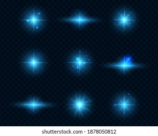 Blue light on a transparent background. A set of nine bright highlights. Bright blue flares and highlights. Bright rays of light. Christmas effects. Vector illustration