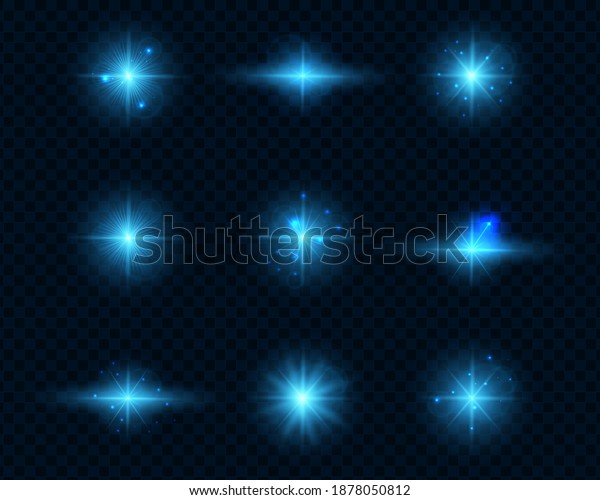 Blue light on a transparent\
background. A set of nine bright highlights. Bright blue flares and\
highlights. Bright rays of light. Christmas effects. Vector\
illustration