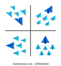 blue and light blue paper plane flying in same way,business and leadership concept,paper plane conceptual illustration and vector set