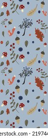 Blue light pattern with forest mushroom blueberries squirrel