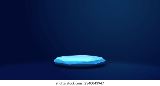 Podio redondo poligonal de luz azul sobre fondo oscuro mínimo. Plataforma digital para la presentación de productos. La tecnología y la publicidad de dispositivos se registran en la habitación vacía. Un peatón futurista de bajo círculo de pólvora.