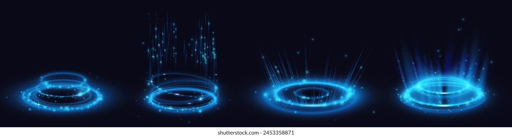 Blue light portal effect with magic neon glow. Tech hologram teleport. Energy ring for game. 3d power vortex pedestal. Abstract luminous futuristic product stage with line swirl and circular sparkle