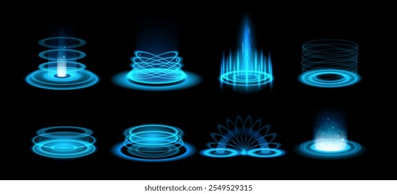 Portal de luz azul. Efecto de juego de holograma de brillo de neón futurista con destellos, rayos de aura de luz. Telepuertos y portales de energía podio con rayos azules. Etapas del producto del Vector de la tecnología 3D establecidas.