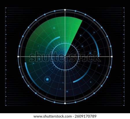Blue light Radar or Sonar detection unknown target. Green radar vector
