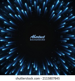 Blue light rays background. Particle motion trails. Abstract background travel through time and space. 