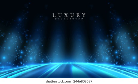 Blue light rays and particles on dark stage background. Vector illustration.